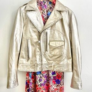 Ralph Lauren Gold Metallic Moto Leather Coat Anthro Free People J.crew Jacket